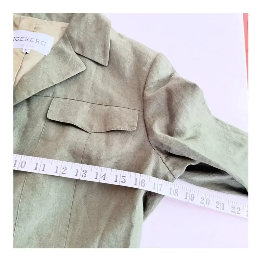 Iceberg Army Green 100% Linen Button Front Utilitarian Blazer Jacket Size IT 42